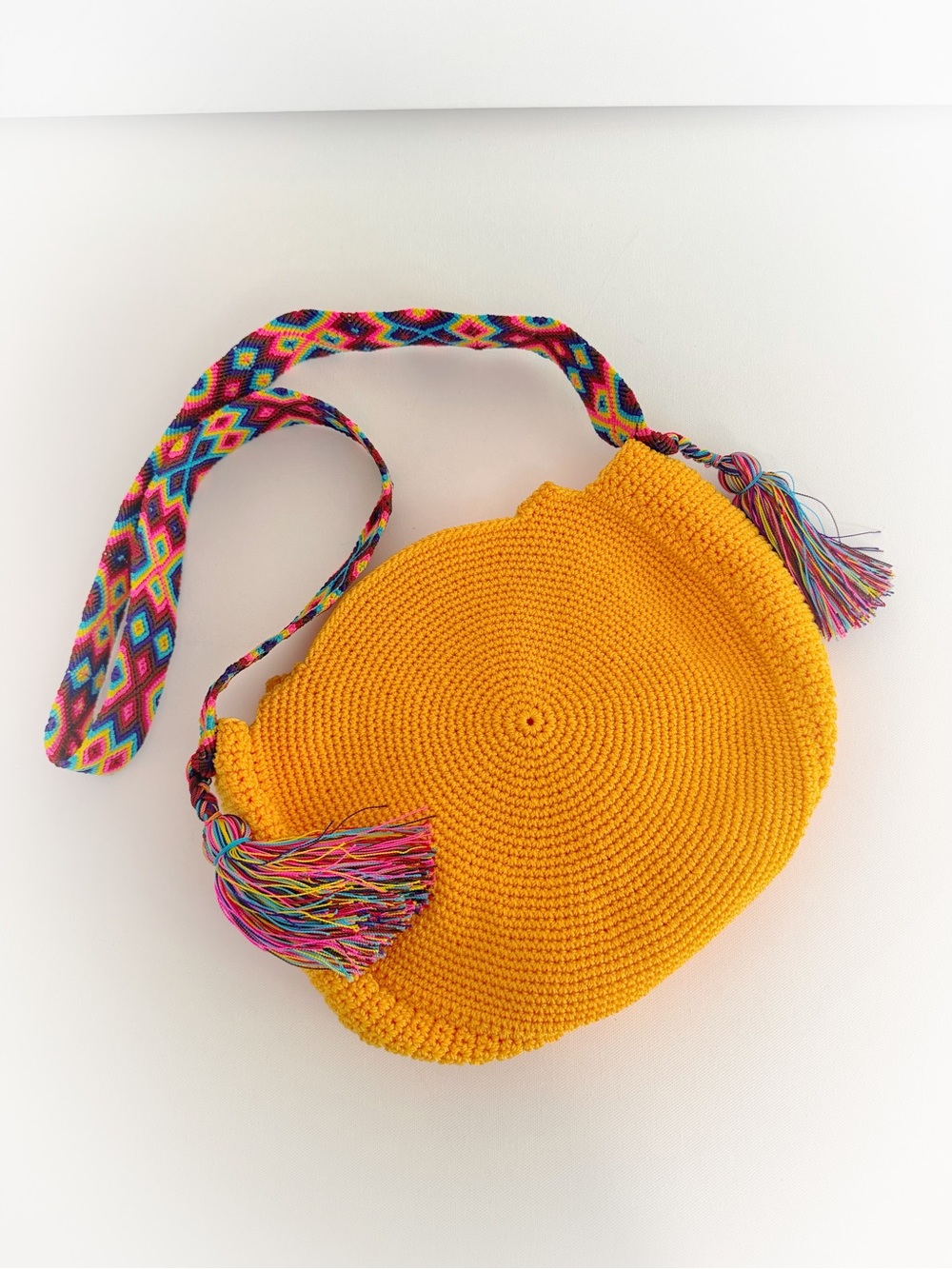 Handmade Yellow Crochet Crossbody Bag with Multicolor Strap